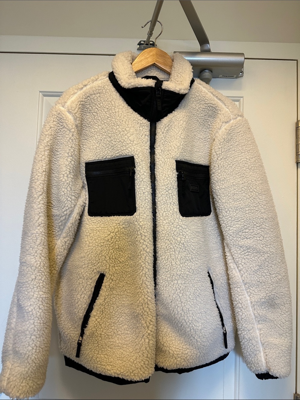Aeropostale Cream Teddy Sherpa Jacket with Black Trim and Pockets